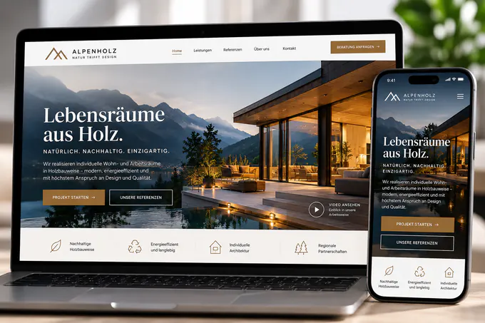 Beispiel für eine hochwertige responsive Website: Alpenholz auf Laptop und Smartphone